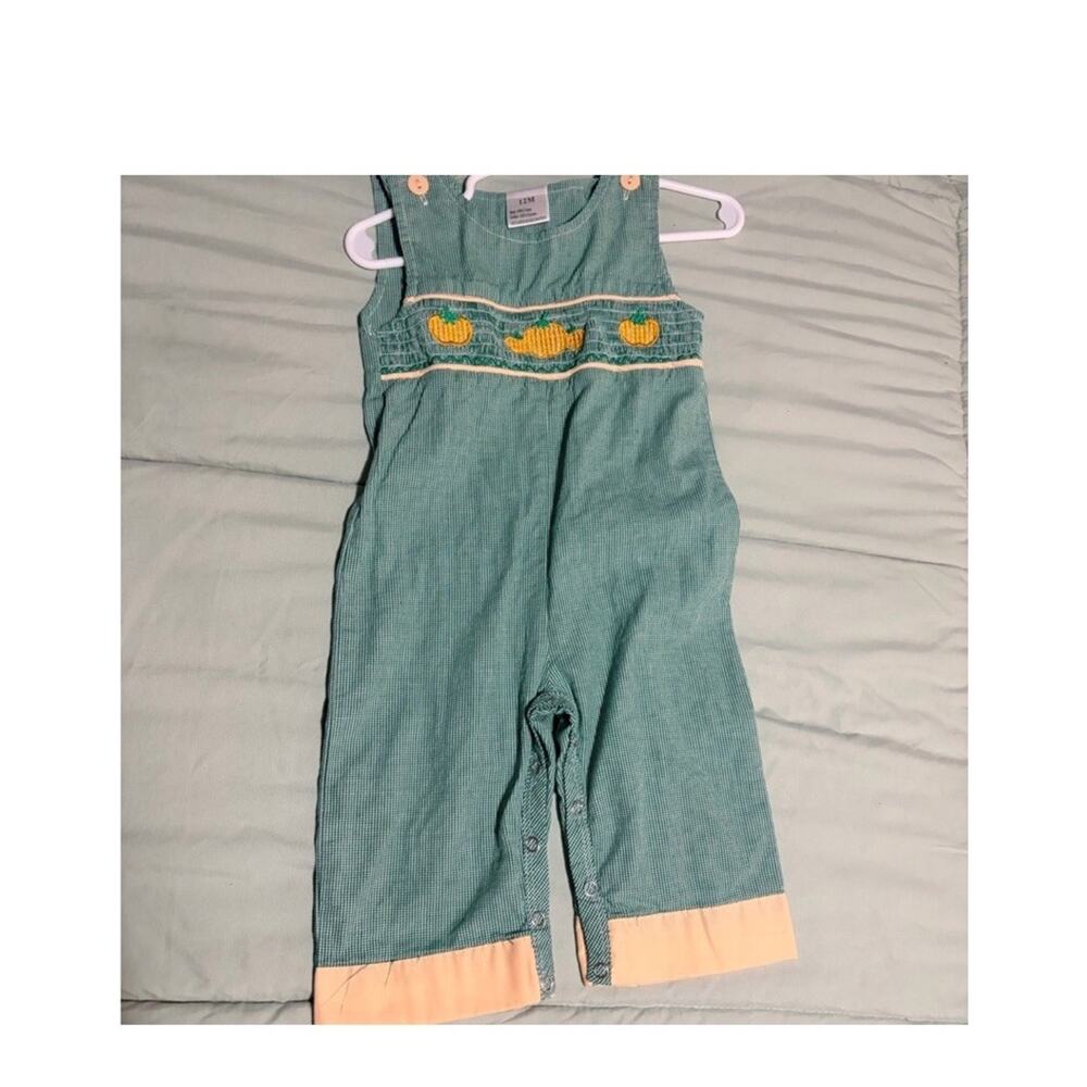 Green Gingham Pumpkin Embroidered Smocked‎ Sleeveless Romper One-Piece 12M